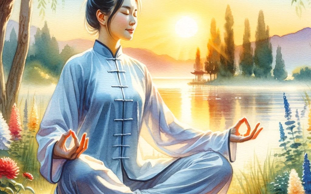 DALL·E-2024-03-27-14.35.21-A-watercolor-painting-depicting-an-Asian-woman-practicing-Qi-Gong-by-a-lake-at-sunrise.-The-woman-is-sitting-cross-legged-with-her-hands-resting-on-h