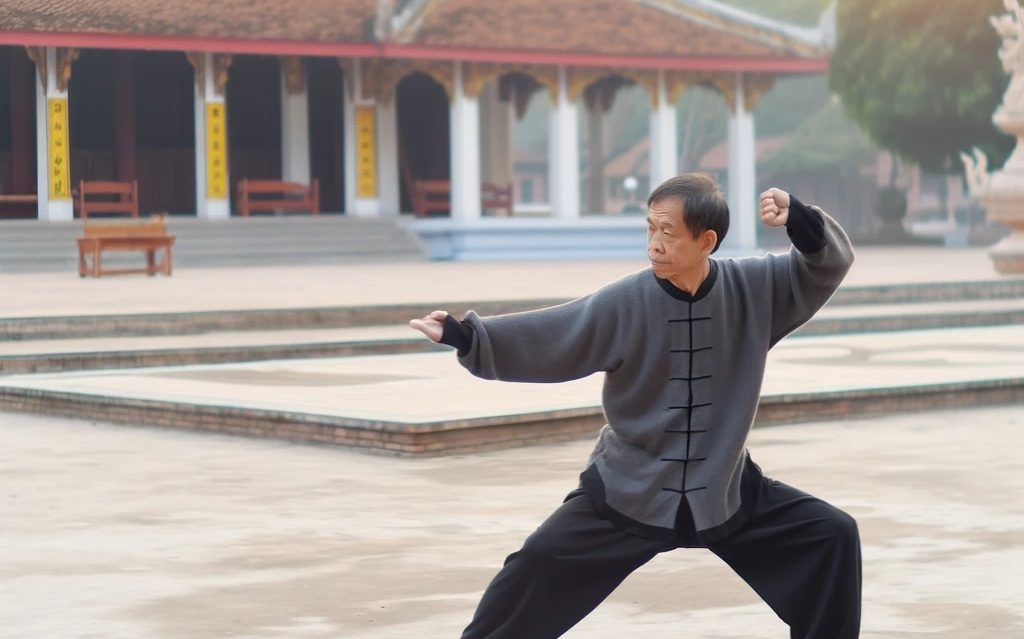 DALL·E-2024-03-29-09.51.52-A-photograph-of-a-middle-aged-man-practicing-martial-arts-alone-in-a-temple-courtyard-with-traditional-temple-architecture-in-the-background-serene-